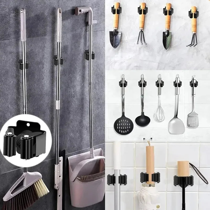 Wall Mounted Mop Broom Holder Clips Stainless Steel Heavy Duty Organizer Shelf Racks For Kitchen Bathroom Storage Hanging Hook