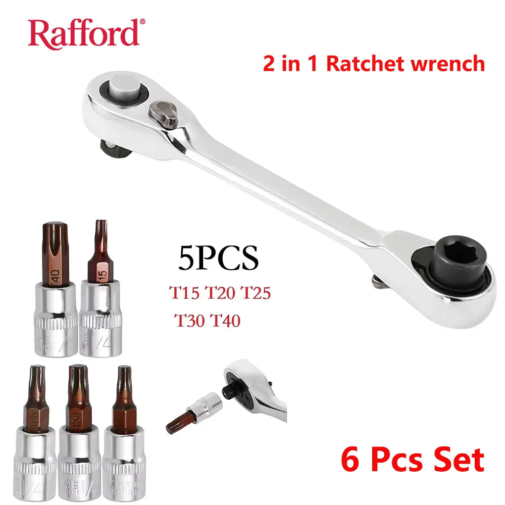 Rafford Mini Treble 1/4 Ratchet Wrench Double Ended Quick Socket Ratchet Wrench Screwdriver Hex Torque Wrenches Set 2in1 Spanner