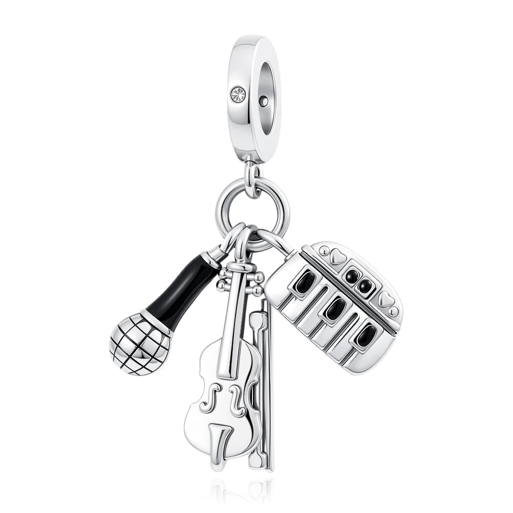 Guitar Microphone Music 925 Sterling Silver Charm Pendant Suitable Fit Original Bracelet Necklace keychain Jewelry Accessories