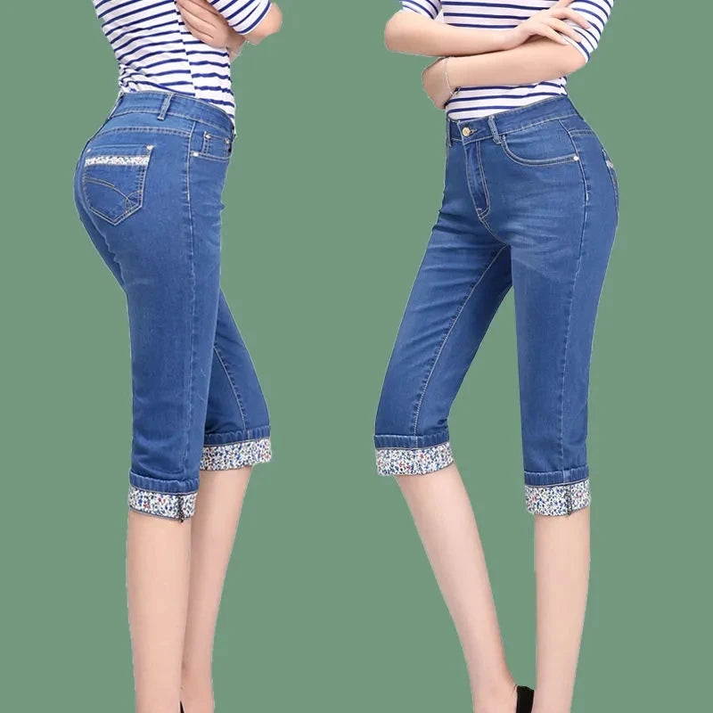 2025 New High waisted Women's Capri Denim Shorts Women Summer Thin Slim Vintage Jeans Stretch Short Straight leg Pants Leggings