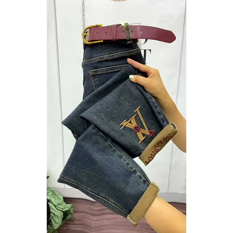 2025 NEW Spring Autumn Embroidery High Waist Straight Jeans Loose Fit Stretch Haren Denim Pants Ladies Ankle-Length Jeans Pants
