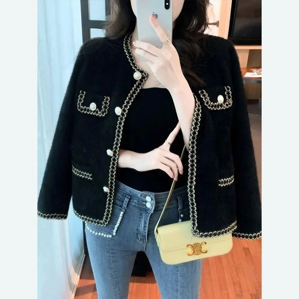 Fragrant Spring Autumn Autumn and Winter Cardigan Short New Mink Jacket Temperament Sweater Versatile Knitted Top