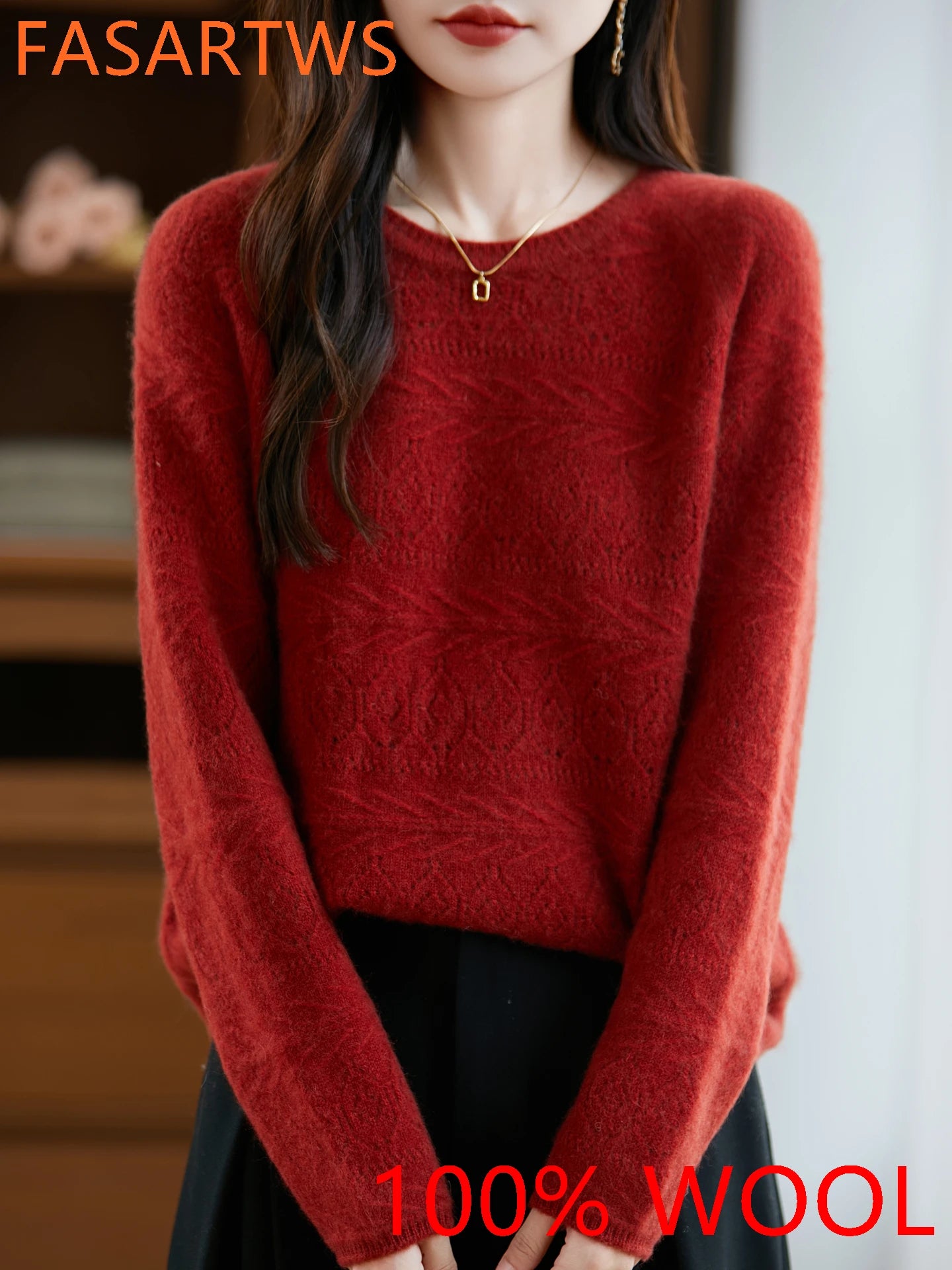 New Arrival Women's Hollow Out 100% Wool Knitted Sweater Round Neck Long Sleeve Slim Fit Breathable Pullover Versatile Daily Top