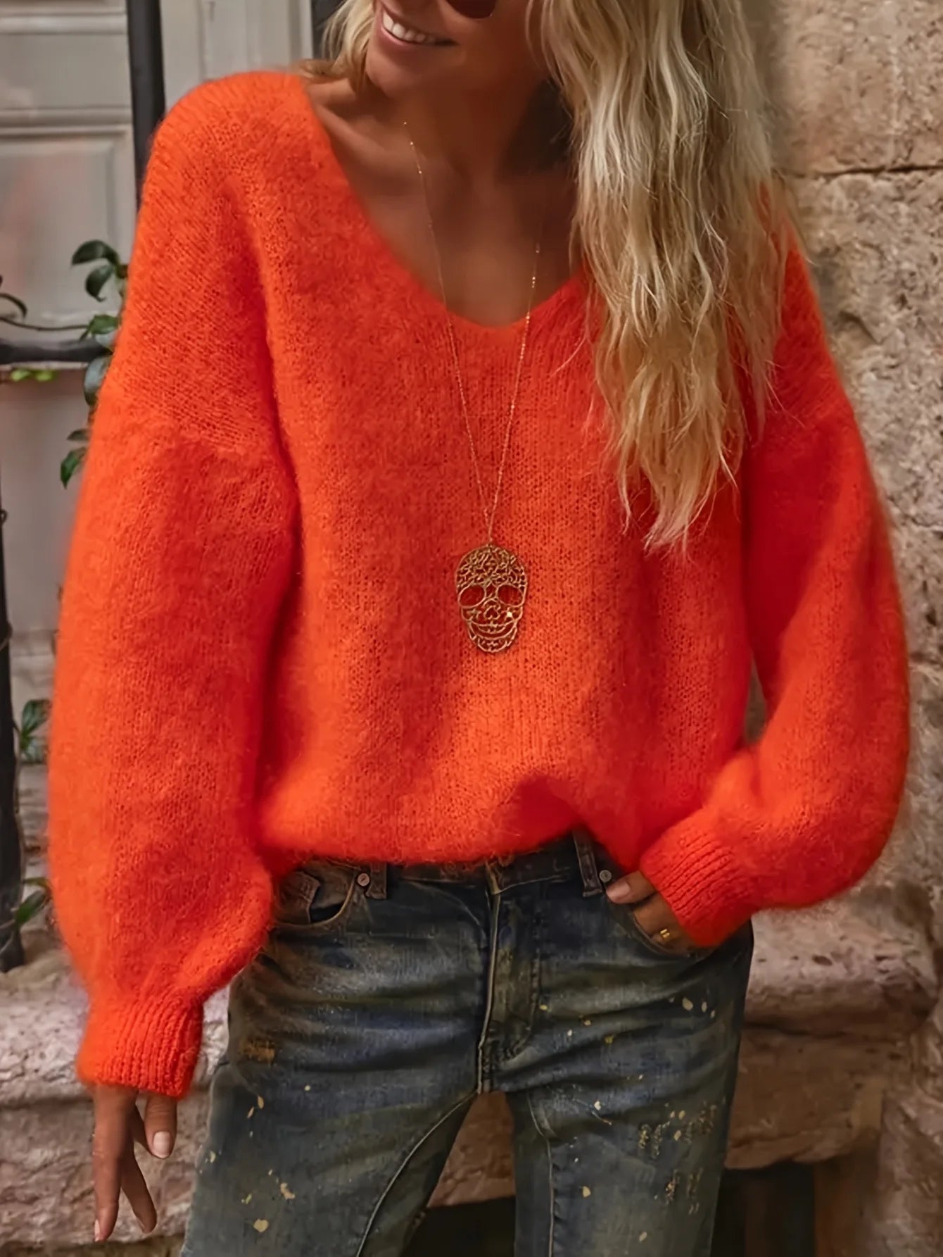 Autumn Elegant V-neck Soft Sweater Tops Women's Causal Long Sleeve Solid Color Knitted Blouse Winter Fashion Loose