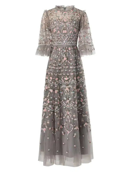 IEQJ Printing Embroidered Fales Design Dresses For Women Round Neck Short Sleeve High Waist Elegant Dress Autumn 2025 3WM1391