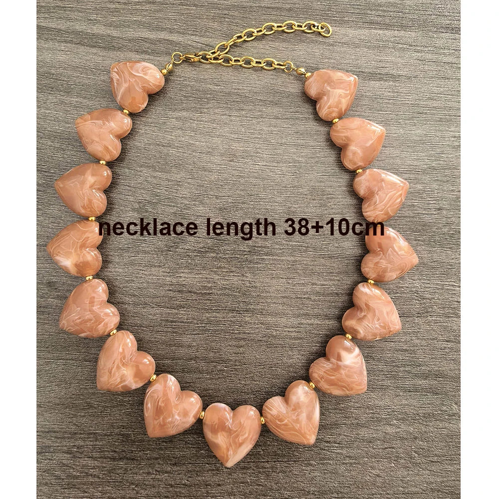 Big Love Heart Necklace Women Choker Statement Bracelet Gold Color Acrylic Beads Stainless Steel PVD Waterproof White Beige Red
