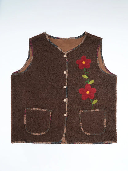 Autumn And Winter Warm Vest One Size Embroidered Flower Suede Lamb Vest Coat With Pockets For Women Sleeveless Loose Jacket