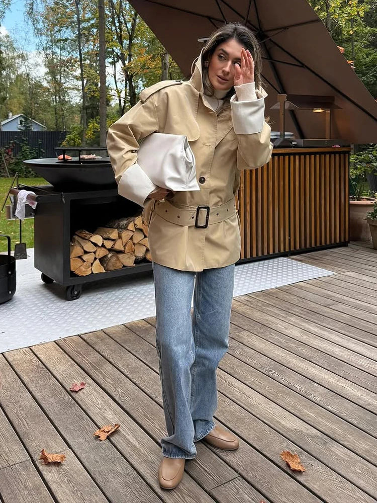 Women Casual Stand Collar Belted Trench Coat Chic Contrast Cuff Single Breasted Loose Windbreaker 2026 Lady Commute Street Coats