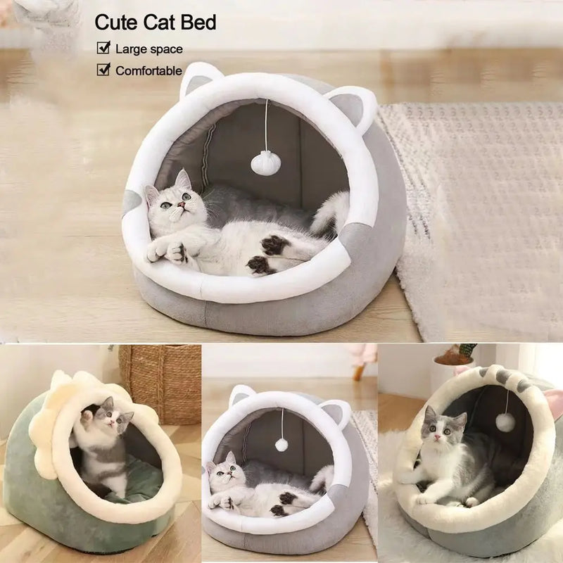 Cute Cushion Cat Sleeping Beds Semi Enclosed Dome Washable Dog Warm Bed Comfortable Kennel Kitten Mattress Cave Pet Supplies