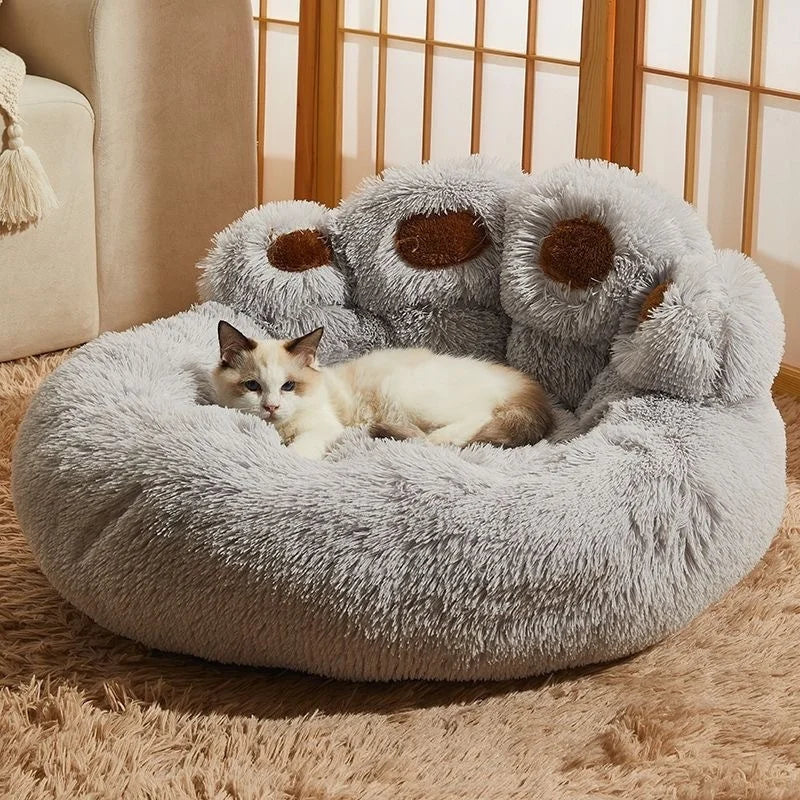 Bear Paw Pet Bed Warm Plush Calming Donut Bed for Medium Dogs Cats,  Anti-Anxiety Puppy Cat Cushion Mat Winter Soft Round Bed
