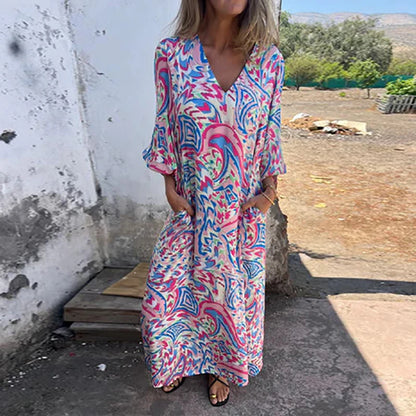 Vintage Leopard Print Loose Long Dresses Women 2025 Spring Elegant V Neck Pocket Maxi Dress Autumn 3/4 Sleeve Boho Holiday Dress