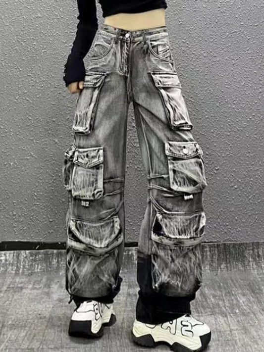 Vintage Fashion Women's Gradient Multi Pockets Jeans 2024 Winter New High Waist Buttons Cargo Denim Pants Female