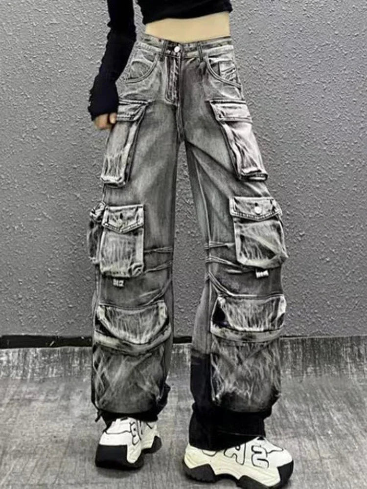 Vintage Fashion Women's Gradient Multi Pockets Jeans 2024 Winter New High Waist Buttons Cargo Denim Pants Female
