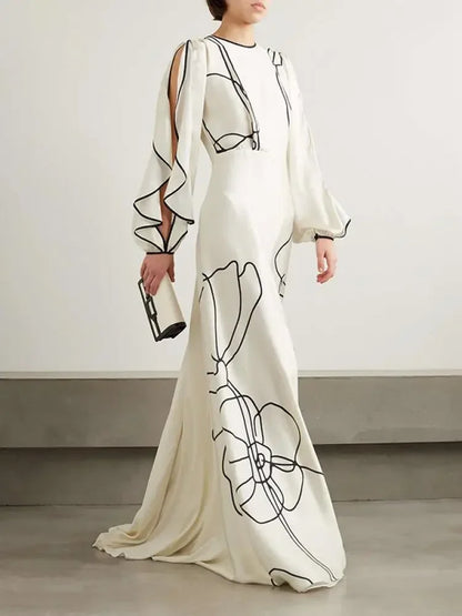 UOOZEE Elegant Party Evening Dresses 2025 Women Summer Fashion Flower Printed Ruffled Sleeves Falbala Wedding Banquet Dress