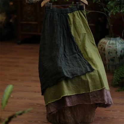 Johnature Women Vintage Patchwork Linen A-Line Skirts Elastic Waist Green 2025 Autumn Chinese Style Women High Quality Skirts