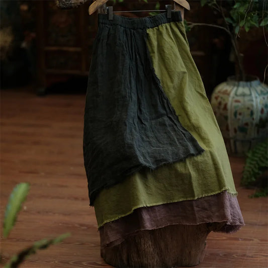 Johnature Women Vintage Patchwork Linen A-Line Skirts Elastic Waist Green 2025 Autumn Chinese Style Women High Quality Skirts