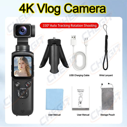 4K Action Camera With 330° Face Tracking Gimbal Stabilizer 1.72 Inch Touch Screen 64MP Pocket Digital Camera WiFi Sports Cam