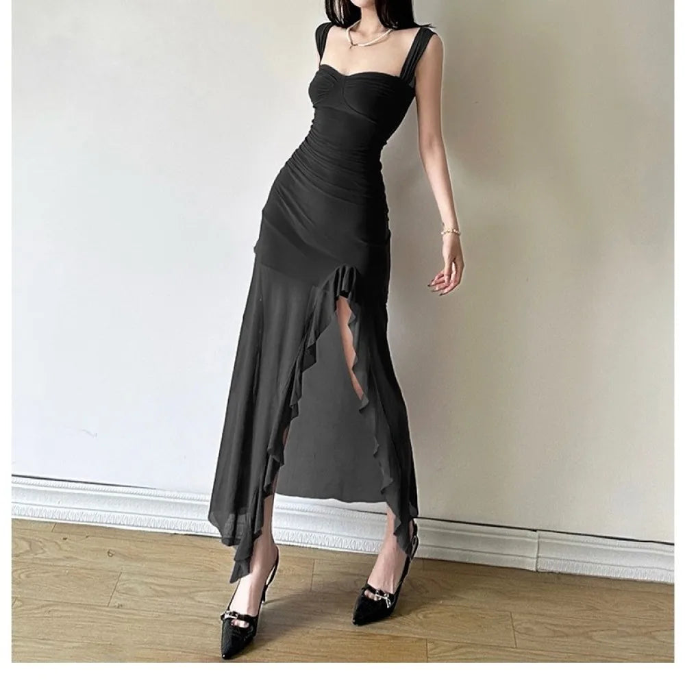 SylCue Ruched Ruffle Elegant Dress Women Sexy Off Shoulder Backless Mesh See Through Splits Hem Midnight Prom Party Long Bodycon