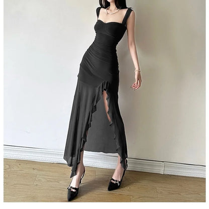 SylCue Ruched Ruffle Elegant Dress Women Sexy Off Shoulder Backless Mesh See Through Splits Hem Midnight Prom Party Long Bodycon