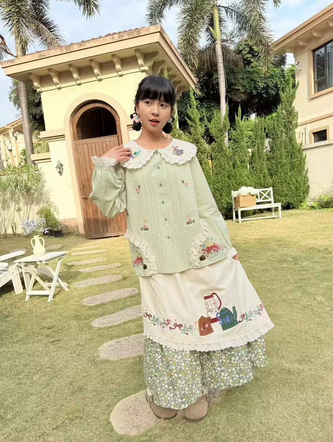 Japanese Mori Girl Spring Sweet Patchwork Lace Elastic Waist A- Line Skirt Vintage Embroidery Cotton Skirt Jupe Femme Faldas