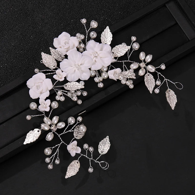 Ceramic Flowers Wedding Headbands for Bride Crystal Pearls Hairbands Women Hairpins Bridal Headpiece Hair Jewelry Accessories