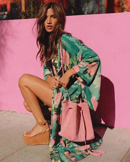 Floal Bikini Cover-ups Pink Boho Print Self Belted Front Open Long Kimono Dress Beach Tunic Women Swim Suit Cover Up