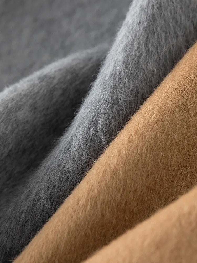 DUSHU 100% Wool Temperament Camel Color Women Long Double Breasted Woolen Coat Raglan Sleeve Belt Design Female Wool Jackets