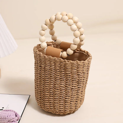 Fashion Wooden Beading Women Handbags Paper Woven Hand Bags Casual Summer Beach Bucket Bag Bali Small Tote Female Purses 2024