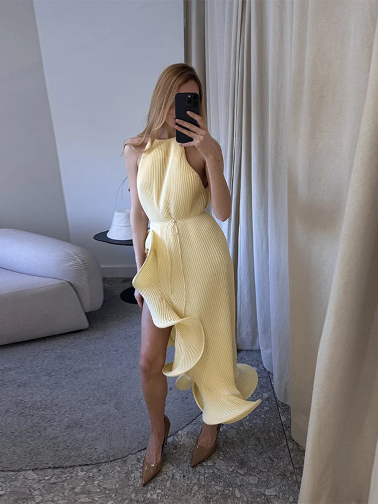 Fashion Ruffle Hem Short Dress For Women Halter Sleeveless Irregular Lace Up Slip Robe 2025 Summer Elegant Female Beach Dresses