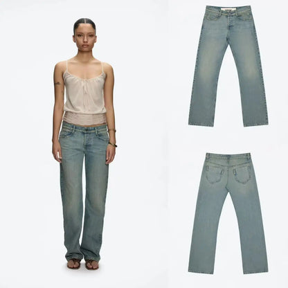 tank Vintage Blue Washed and Distressed Denim Jeans Low Waist Slim Fit Straight Leg Pants