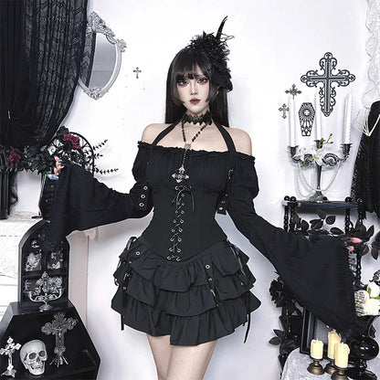Dark Gothic Vintage Shirt Women's Off-the-shoulder Bell-sleeve Halter Top Y2K Harajuku Sexy Long-sleeve Top Lady Sets
