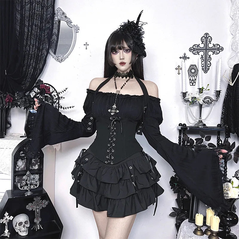 Dark Gothic Vintage Shirt Women's Off-the-shoulder Bell-sleeve Halter Top Y2K Harajuku Sexy Long-sleeve Top Lady Sets