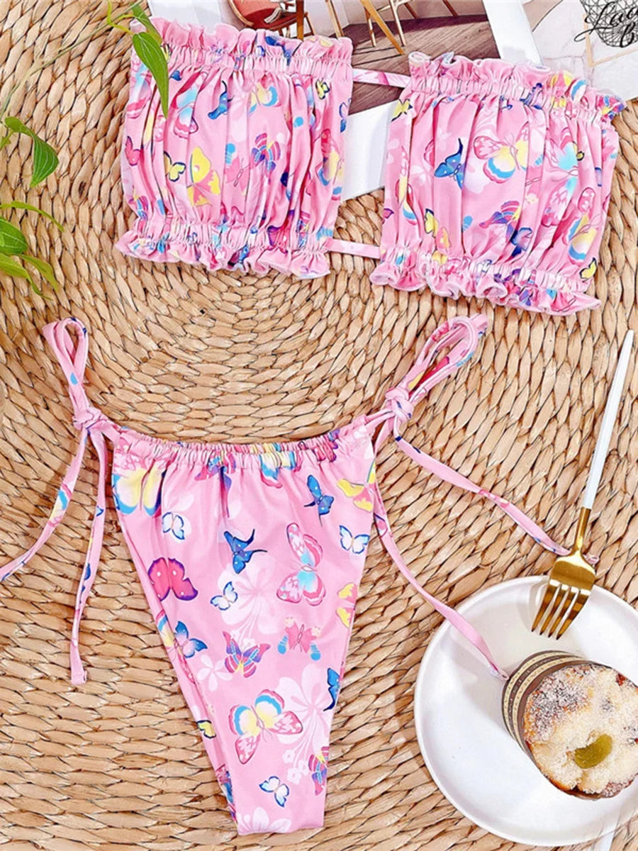 Tie Dye Pleated Ruffled Bikinis Bandeau Bikini Women Swimsuit Female Swimwear Two-pieces Bikini Set Hollow Out Bathing Suit Swim