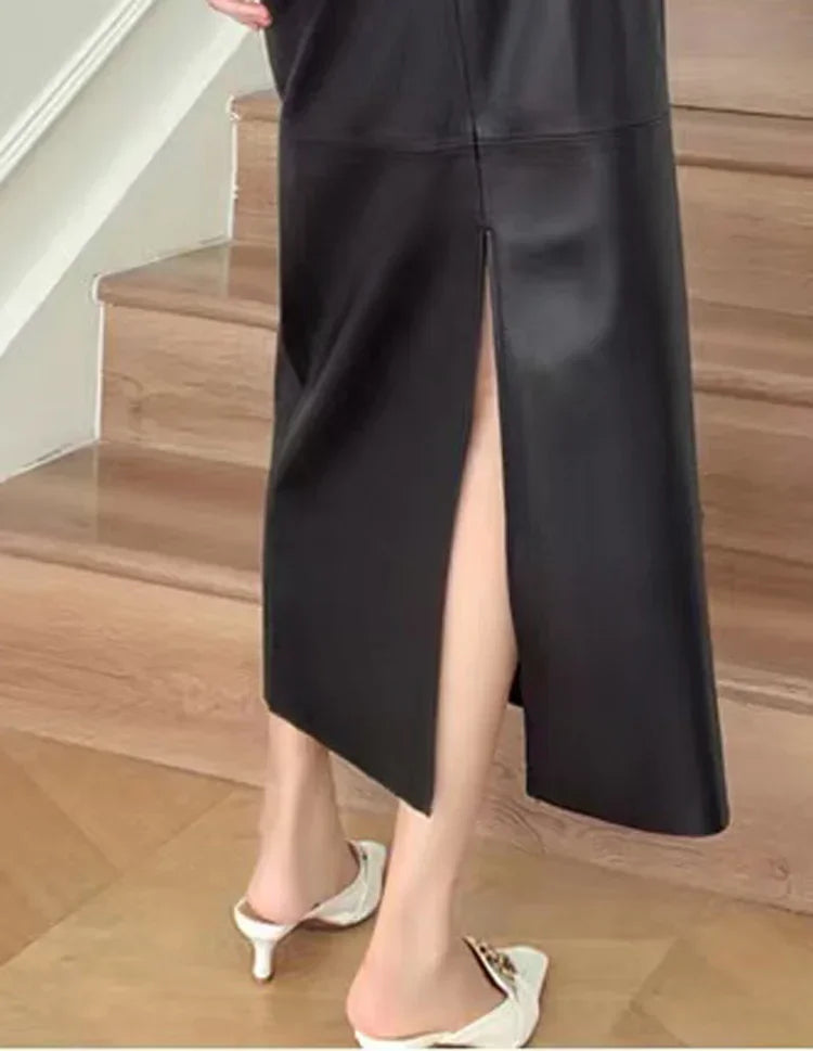 2025 Autumn/Winter Women Leather Maxi Skirt Feminino High End Vintage Back Split Wrapped Saias Slim Ankle Long Faldas Largas
