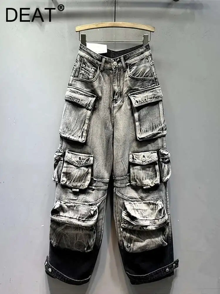 DEAT Women's Jeans Gradient Grey Loose Multiple Pockets Straight Wide Leg Denim Cargo Pants 2026 Summer New Fashion 29L3268
