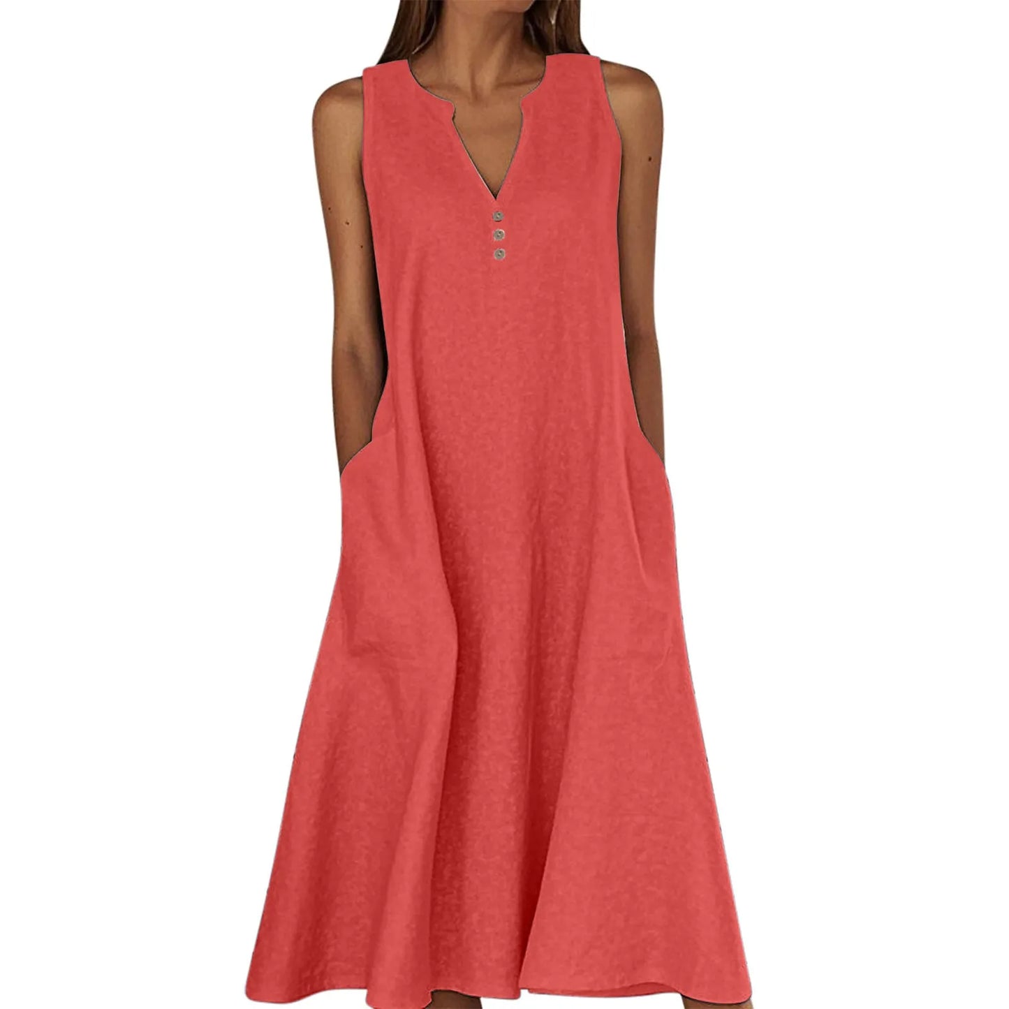Women's Summer Casual V-neck Button Solid Color Sleeveless Long Dress With Pockets Female Elegant Trendy Casual Loose Dresses