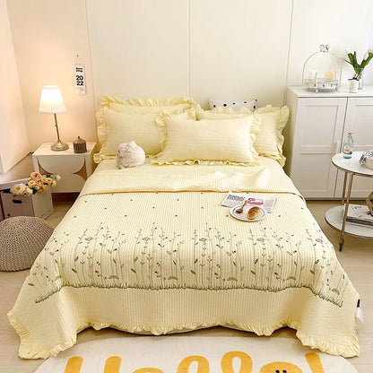 Ruffles Flowers Embroidery Spring Summer Quilt 1/3/4 Pcs Set Princess Quilted Bedspread Air-conditioning Blanket Comforter Duvet