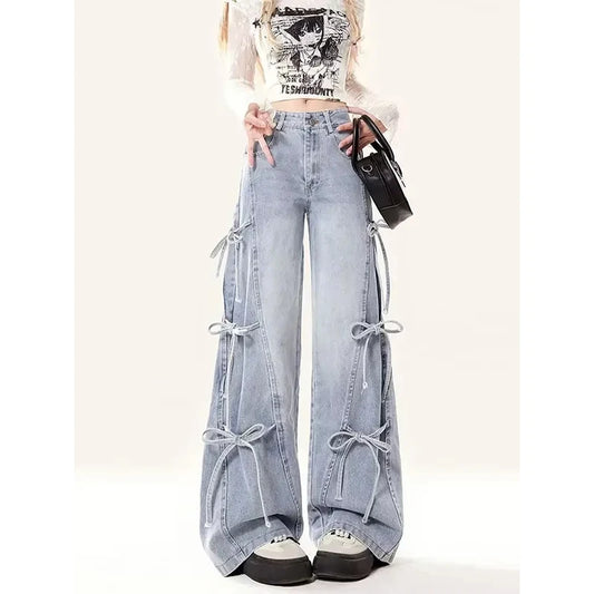 MEXZT Y2K 2000S Jeans Women Vintage Streetwear Bow Bandage Wide Leg Denim Pants Harajuku Korean Baggy Casual Straight Trousers