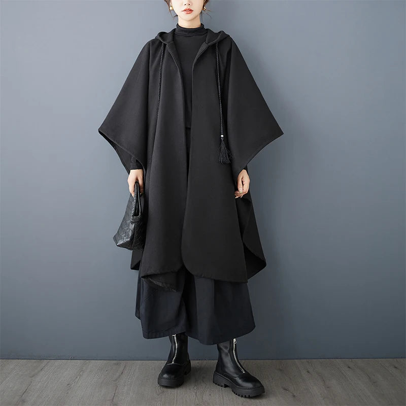 Autumn Winter Loose Large Size k Irregular Design Hat Coat Woolen Windbreaker Outerwear Cloak Vintage Sle Long Sve
