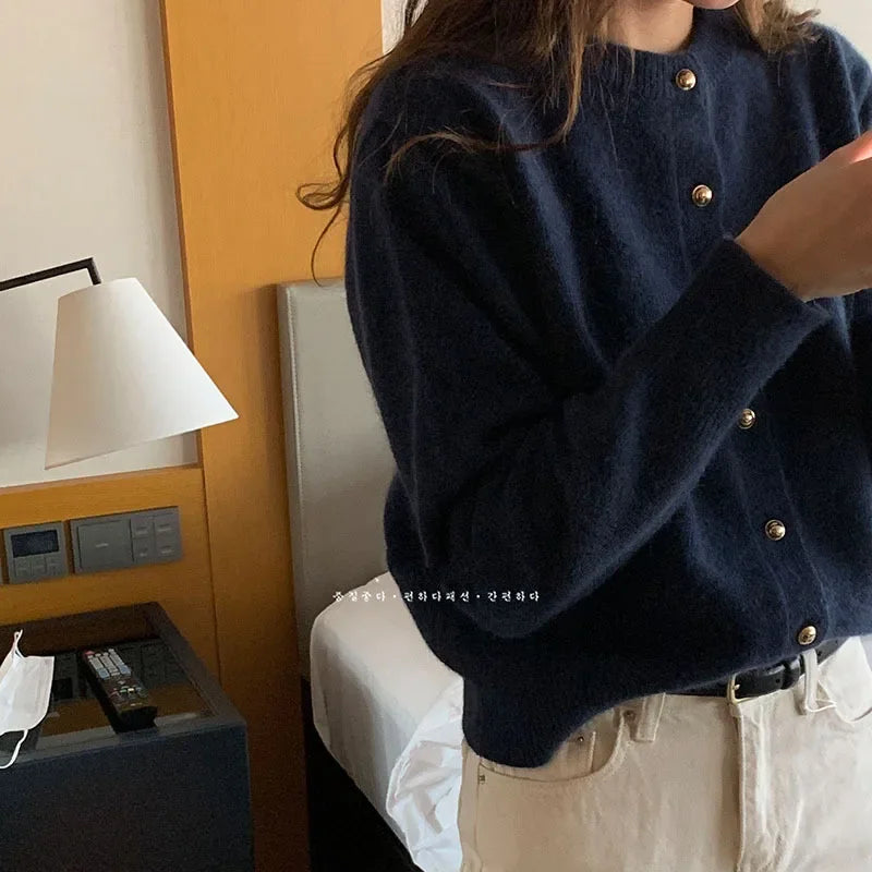 Knitted Cardigan Women 2026 New Korean Raccoon Cashmere Loose Solid Color Round Neck Sweater Coat Jacket Spring Autumn