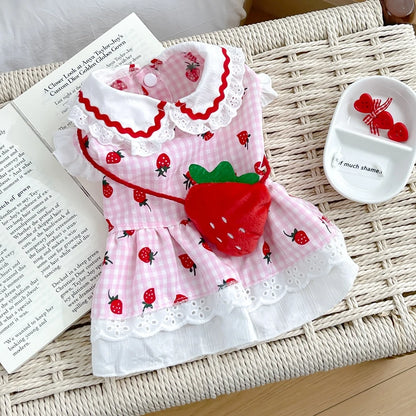 2025 New Puppy Clothes Dog Dress Plaid Maid Pet Costumes Red Pink Cat Strap Girl Female Pet Skirt Lace Summer Spring Puppy Wear