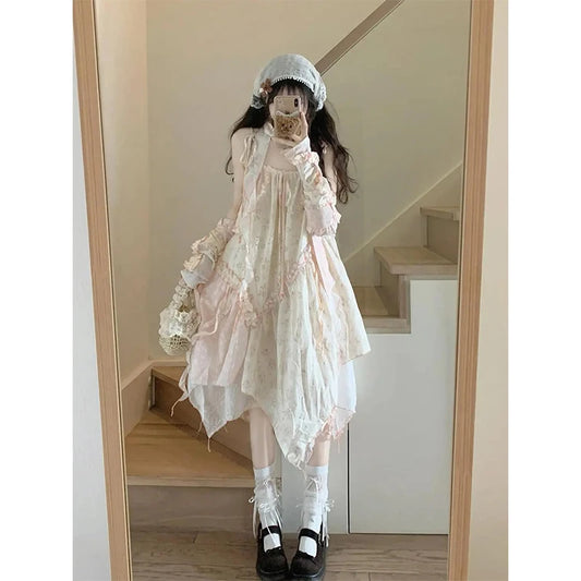 Y2K Irregular Midi Dress Women Japanese Kawaii Floral Print Print Dresses Summer Harajuku Korean Ruffles Patchwork Chic Vestidos