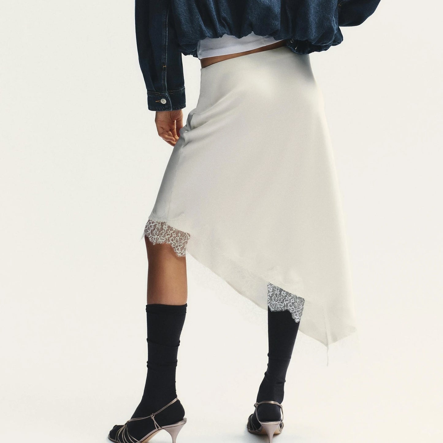 Luxury Women Asymmetrical Soild Color Midi Skirts Casual Elegant Lace Hem Santin Skirt for Beach Vacation Office