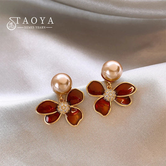 Elegant Coffee Colored Enamel Flower Petal Pendant Earrings Micro Inlaid Zircon New Design Jewelry Accessories for Women 2026