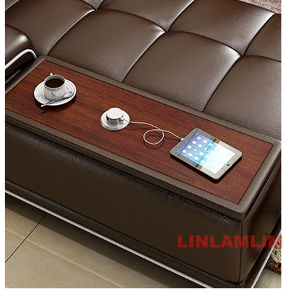 Modern L-Shaped Genuine Leather Sectional Sofa with Chaise Lounge, Adjustable Headrests, USB, Bluetooth Speaker & Cup Holder