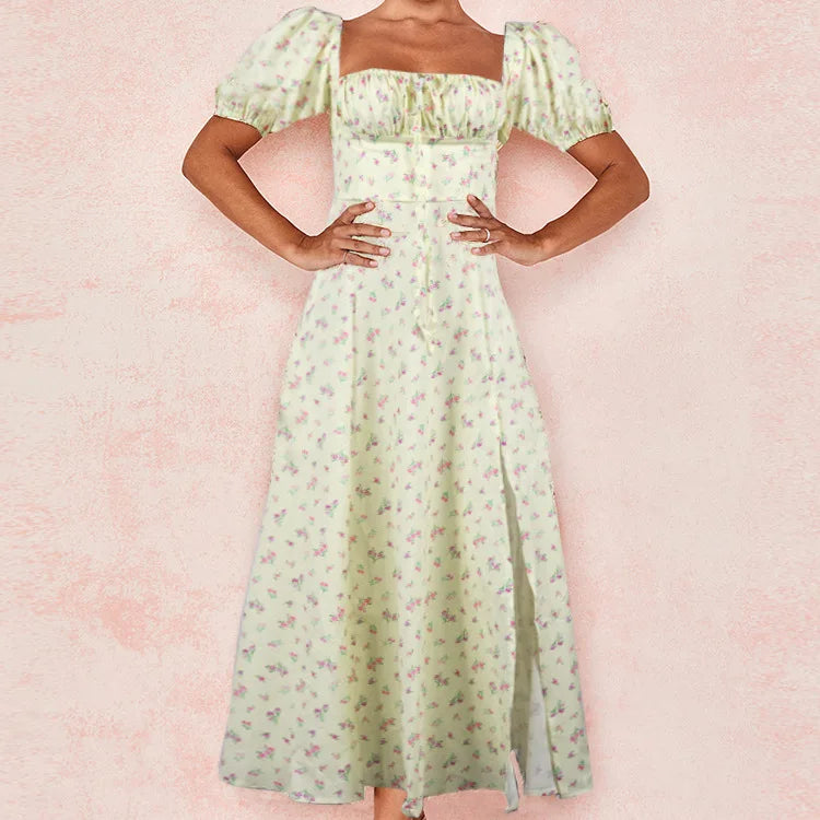 Skinny floral prints Dresses for Summer Women's Dress Square Neck Short Bubble Sleeves High Waist Lace-up Maxi Split Dress