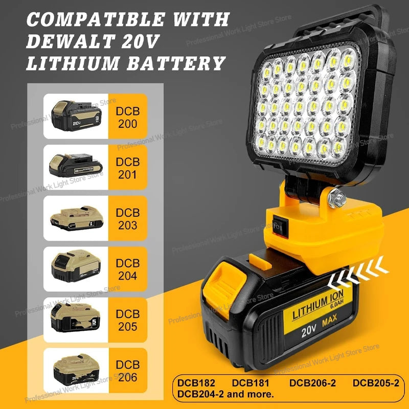 Cordless LED Work Light for DeWalt 20V Battery, 60W 6000LM Jobsite Flood Lights, Portable Outdoor Flashlight Dual USB Charging
