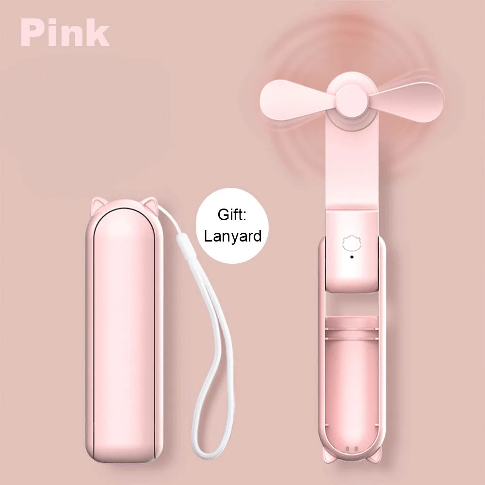 Portable Fan 2000mAh USB Rechargeable 3 Speed Mini Handheld Foldable Fan Hand Held Small Pocket Travel Fan with Handy Power Bank