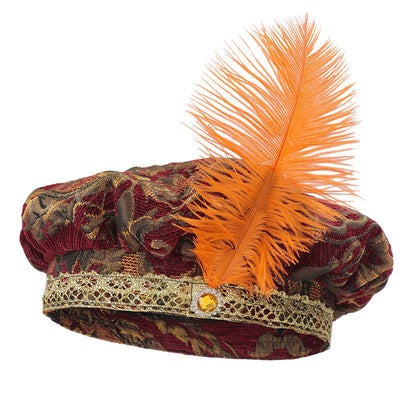Medieval men's and women's hats with feathers, muffin top hats, Renaissance-era flat hats and clothing headdresses