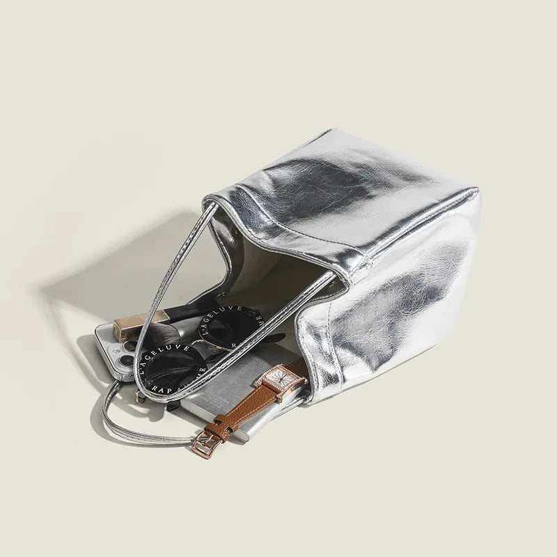 Sparkling Silver Mini Drawstring Bucket Bag, PU Glittery Crossbody Handbag with Wallet for Women